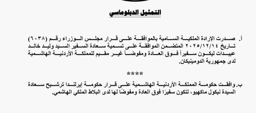 إرادة ملكية بالسفير عبيدات .. وسفير جديد لإيرلندا في الأردن