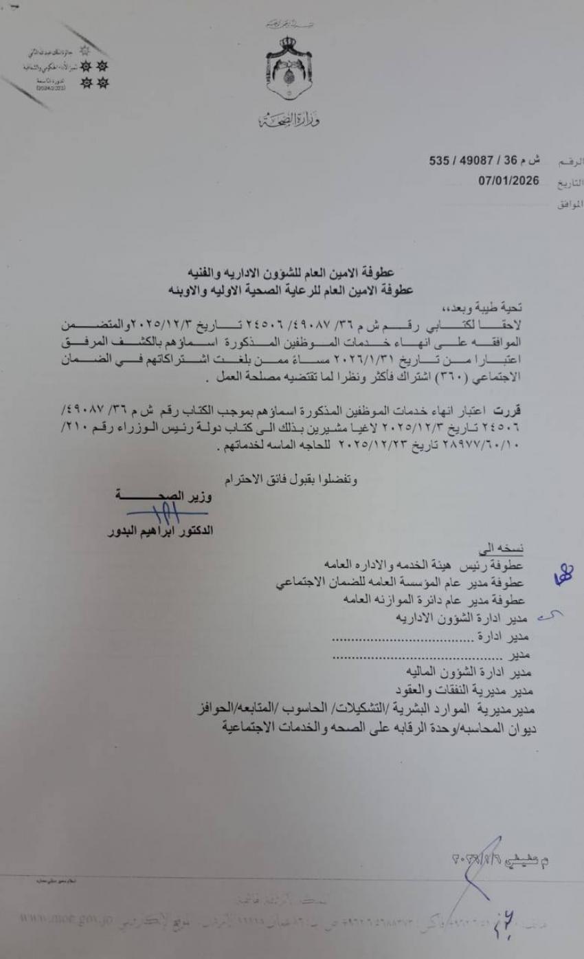  البدور يلغي انهاء خدمات 15 موظفا في الصحة (أسماء)