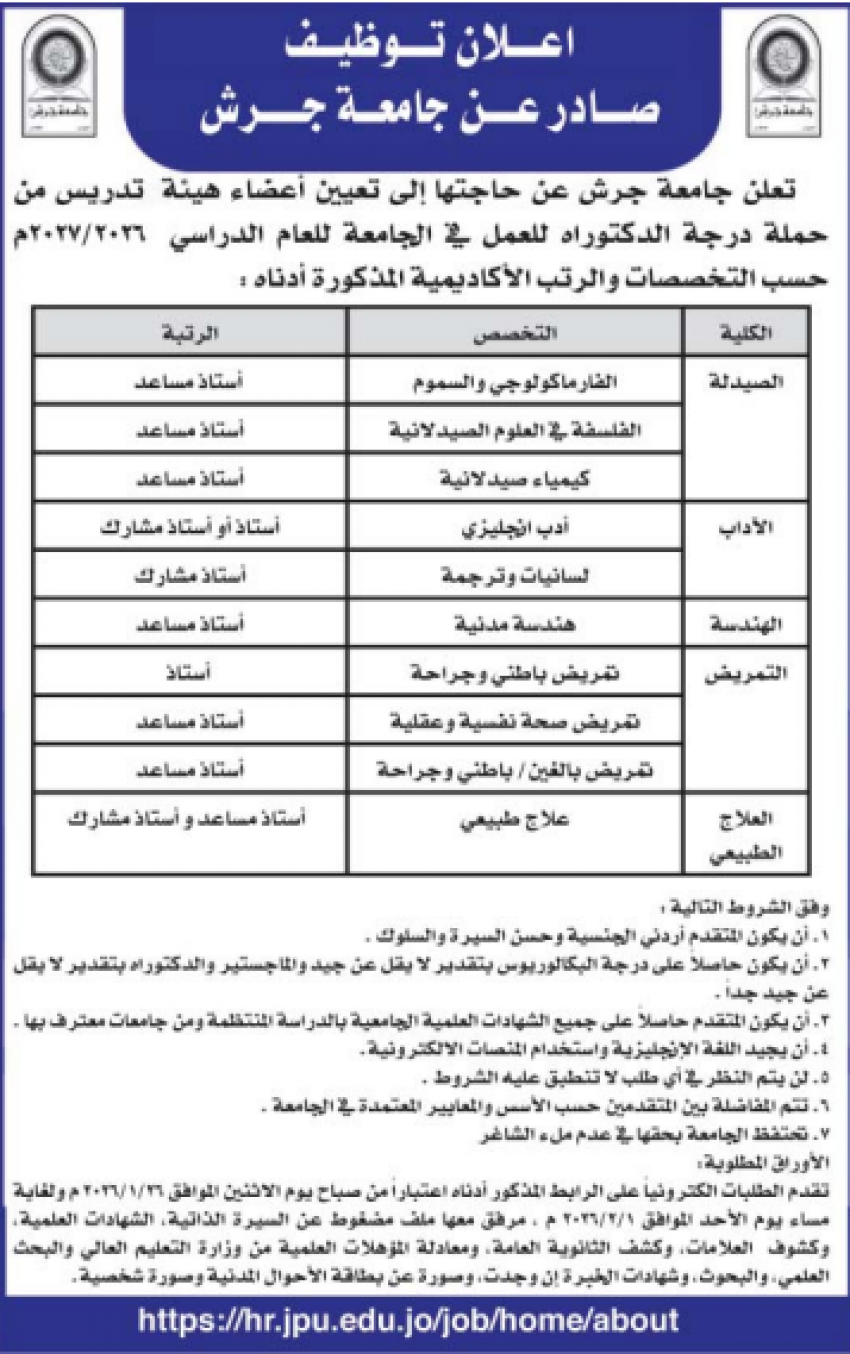 جامعة جرش بحاجة لتعيين اعضاء هيئة تدريسية