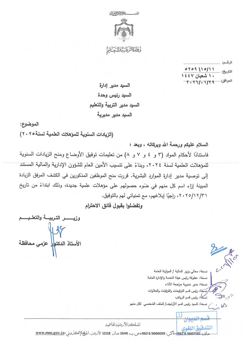 التربية توفق اوضاع مئات الموظفين وتمنح الزيادات للمؤهلات العلمية (اسماء)   