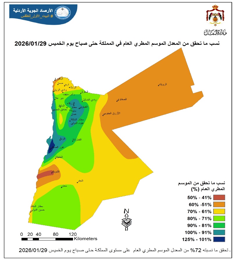  الارصاد: أمطار آخر منخفض في المربعينية ترفع الموسم المطري بنسبة (1%–5%)