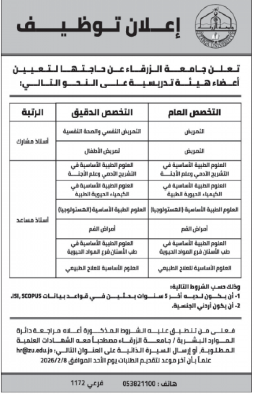 جامعة الزرقاء بحاجة لتعيين أعضاء هيئة تدريسية