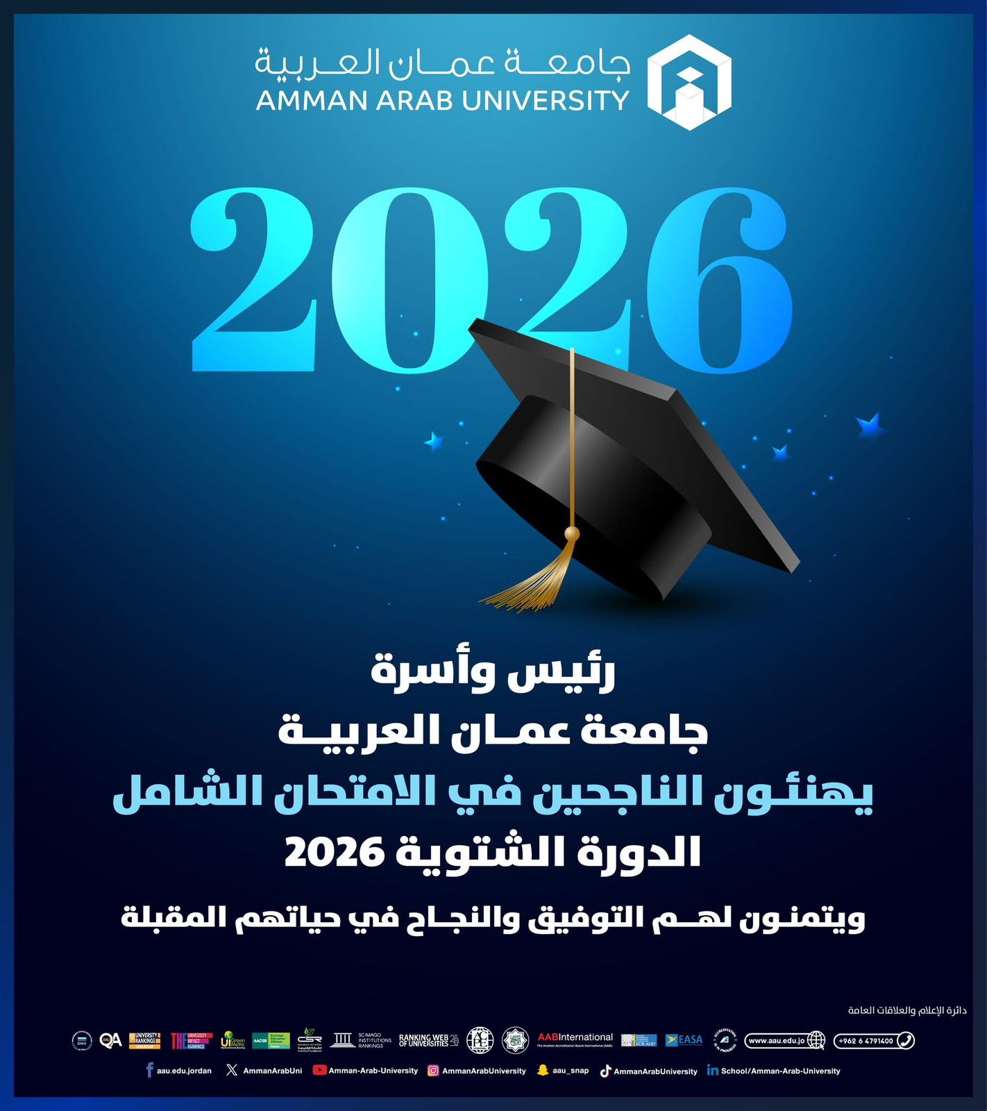 رئيس وأسرة جامعة عمان العربية يهنئون الناجحين في الامتحان الشامل للدورة الشتوية 2026